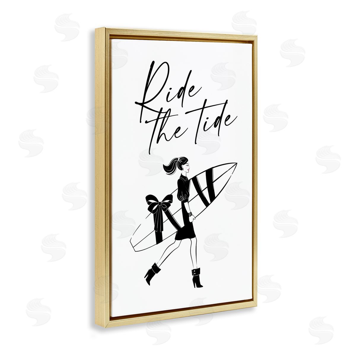 Ride The Tide Surfer Gold Floating Frame Canvas Wall Art, Home Decor by Martina Pavlova