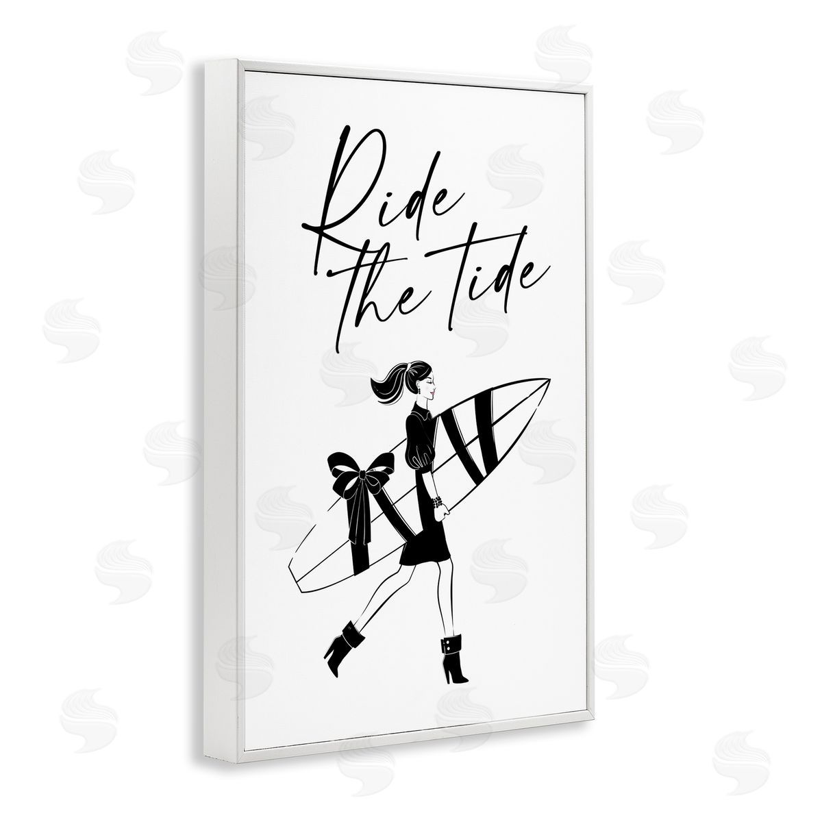 Ride The Tide Surfer White Frame Print Wall Art, Home Decor by Martina Pavlova
