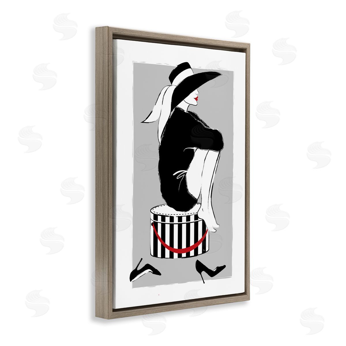 Sitting On Hat Box Brown Floating Frame Canvas Wall Art, Home Decor by Martina Pavlova