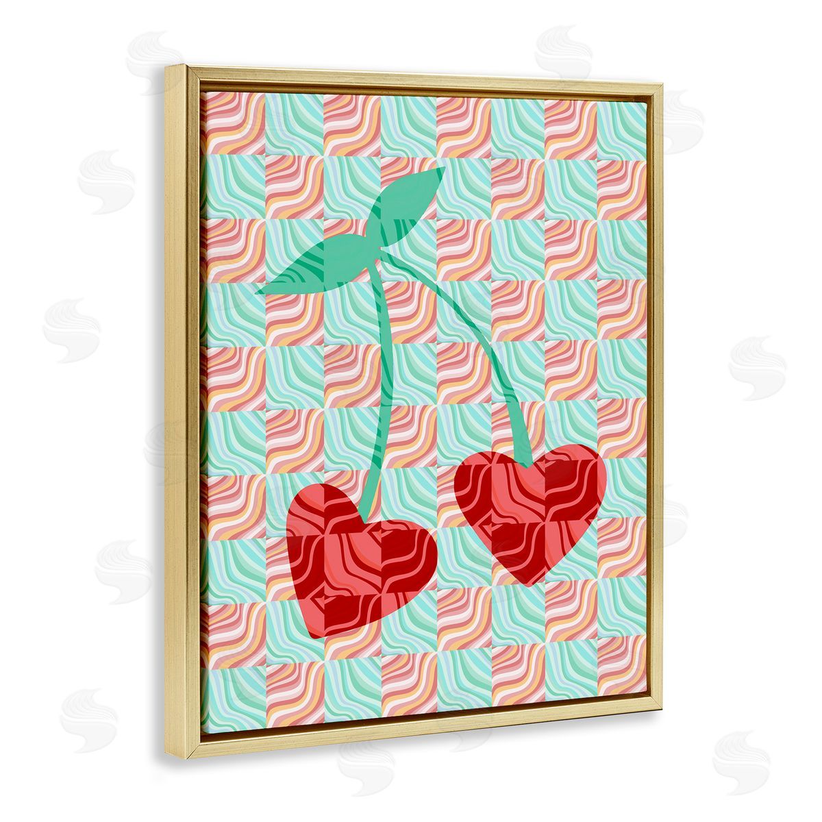 Groovy Patterned Cherries Gold Floating Frame Canvas Wall Art, Home Decor by Stupell Studio