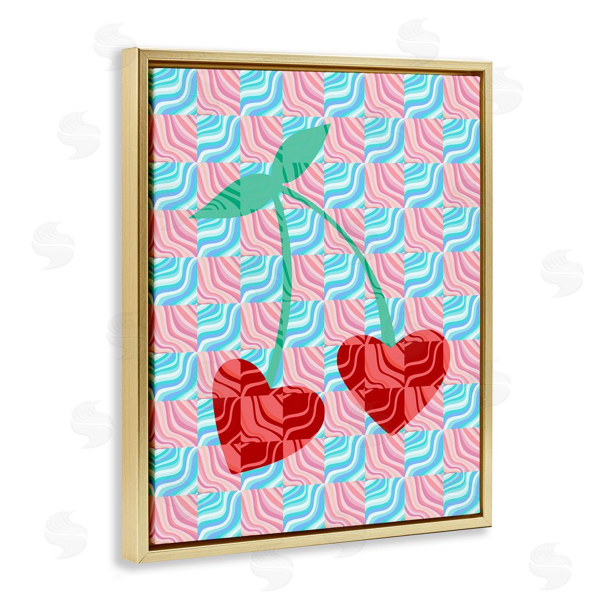 Groovy Checkered Cherries Gold Floating Frame Canvas Wall Art, Home Decor by Stupell Studio