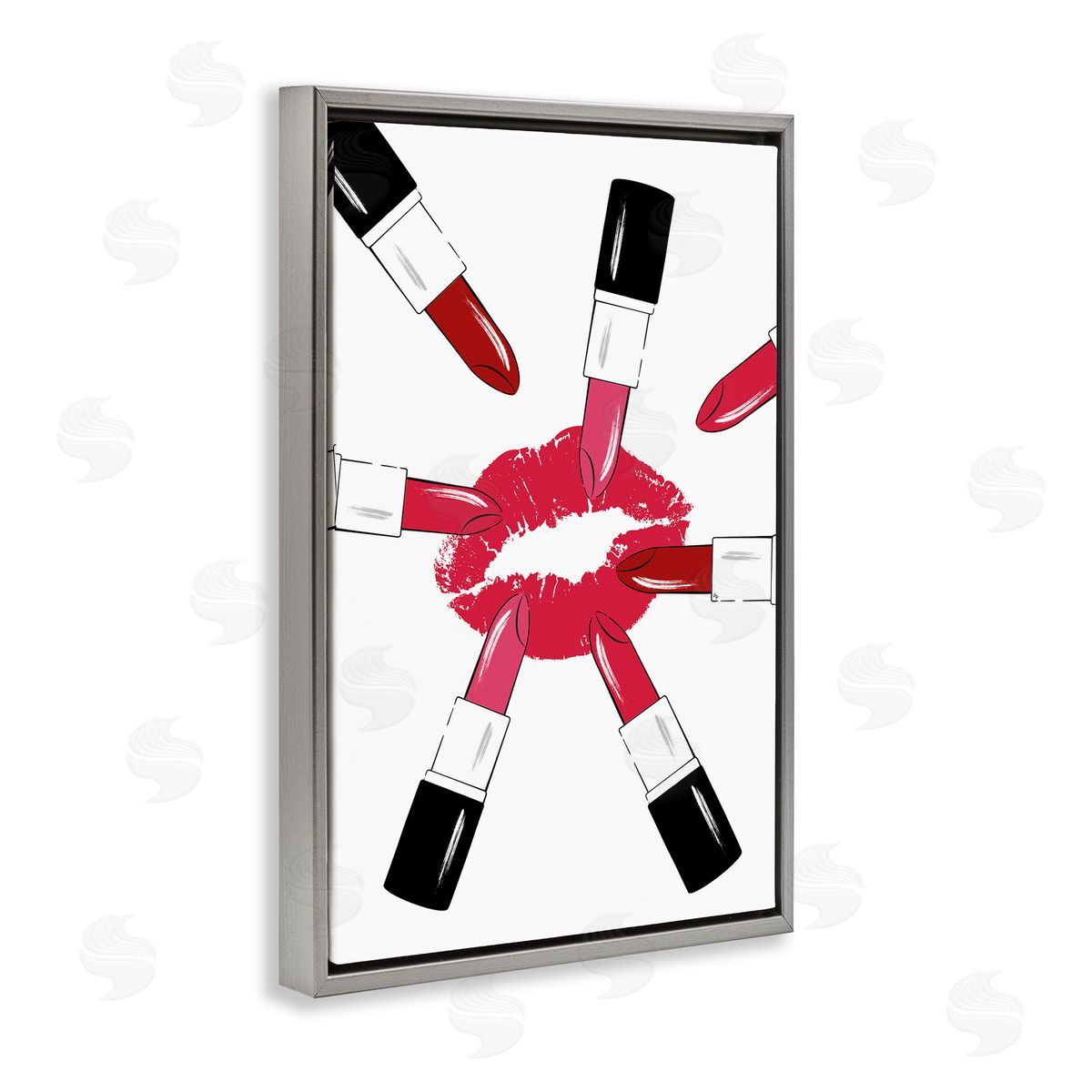 Lipsticks and Kiss Grey Floating Frame Canvas Wall Art, Home Decor by Martina Pavlova