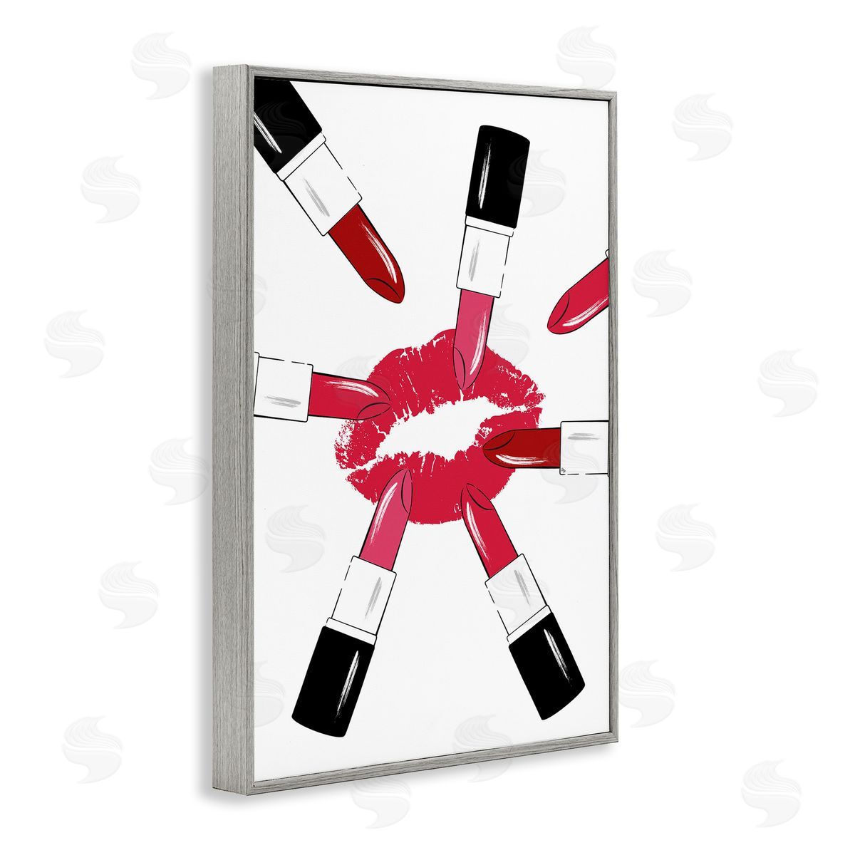Lipsticks and Kiss Grey Frame Print Wall Art, Home Decor by Martina Pavlova