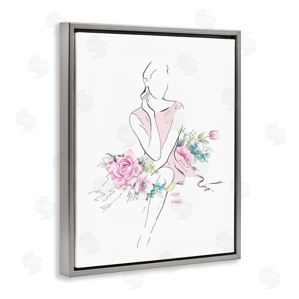Soft Floral Fashion Grey Floating Frame Canvas Wall Art, Home Decor by Patricia Pinto