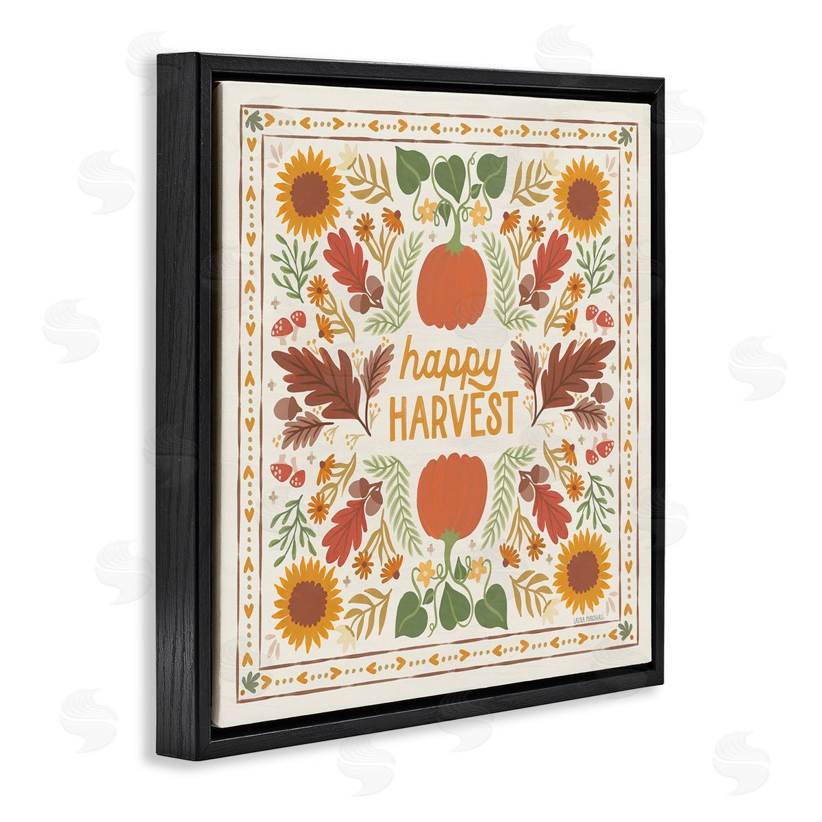 Happy Harvest Pattern Black Floating Frame Canvas Wall Art, Home Decor by Laura Marshall
