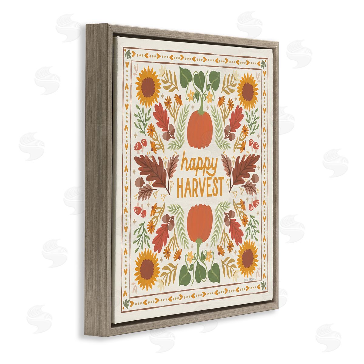 Happy Harvest Pattern Brown Floating Frame Canvas Wall Art, Home Decor by Laura Marshall