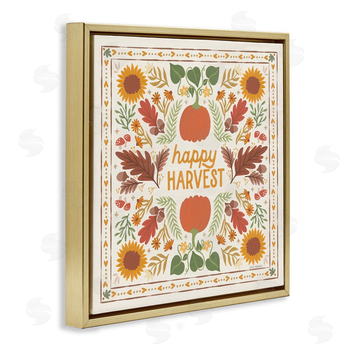 Happy Harvest Pattern Gold Floating Frame Canvas Wall Art, Home Decor by Laura Marshall