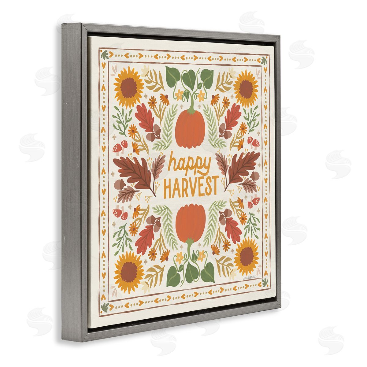 Happy Harvest Pattern Grey Floating Frame Canvas Wall Art, Home Decor by Laura Marshall