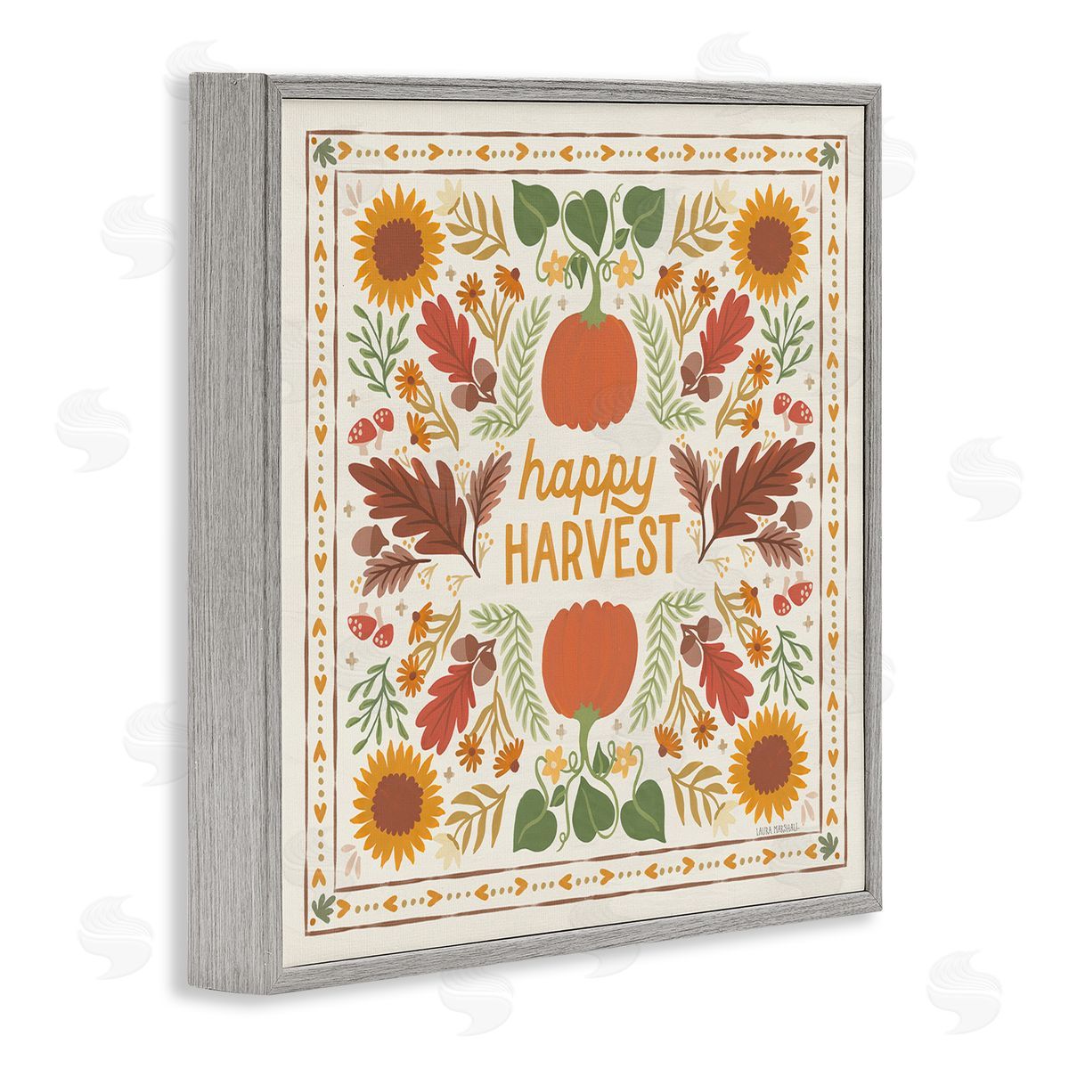 Happy Harvest Pattern Grey Frame Print Wall Art, Home Decor by Laura Marshall