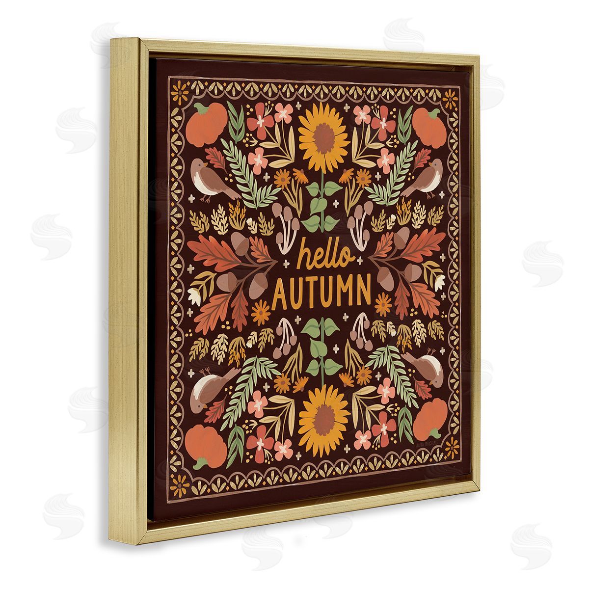 Hello Autumn on Brown Gold Floating Frame Canvas Wall Art, Home Decor by Laura Marshall