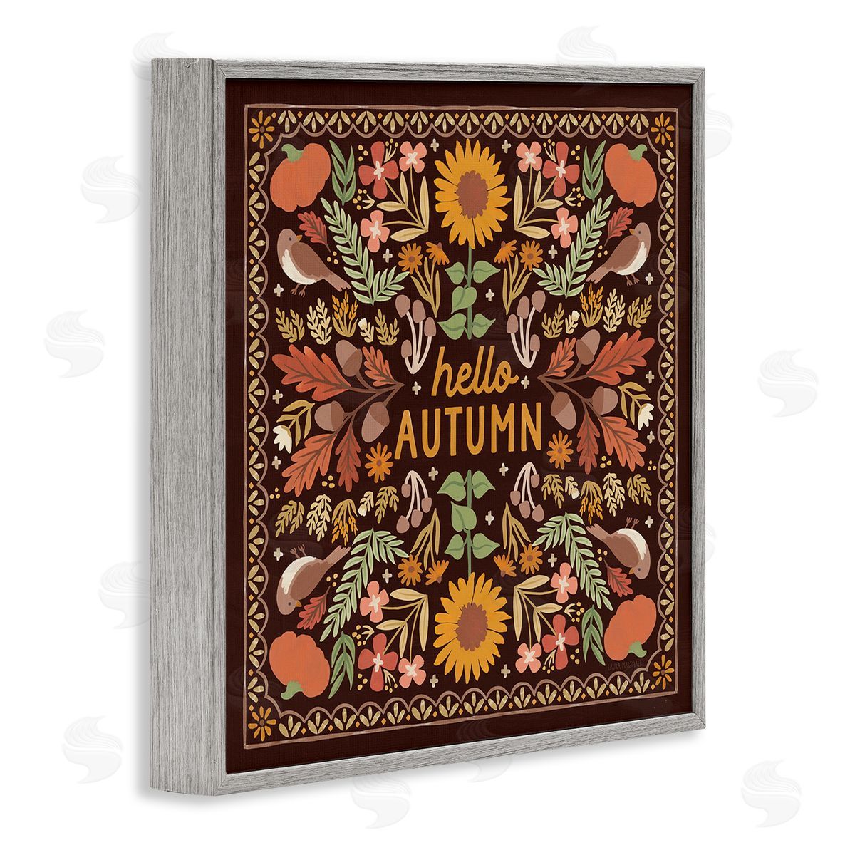 Hello Autumn on Brown Grey Frame Print Wall Art, Home Decor by Laura Marshall