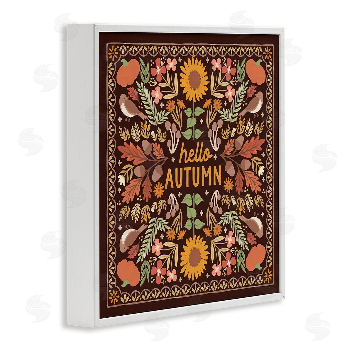 Hello Autumn on Brown White Frame Print Wall Art, Home Decor by Laura Marshall