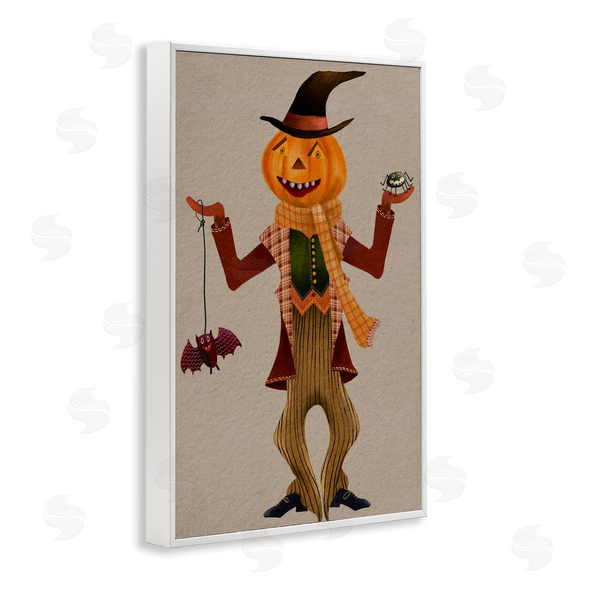 Halloween Scarecrow and Bat White Frame Print Wall Art, Home Decor by Regina Moore