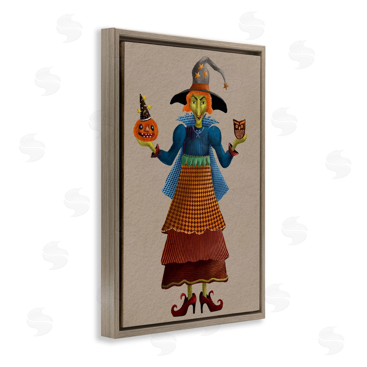 Halloween Witch in Plaid Brown Floating Frame Canvas Wall Art, Home Decor by Regina Moore