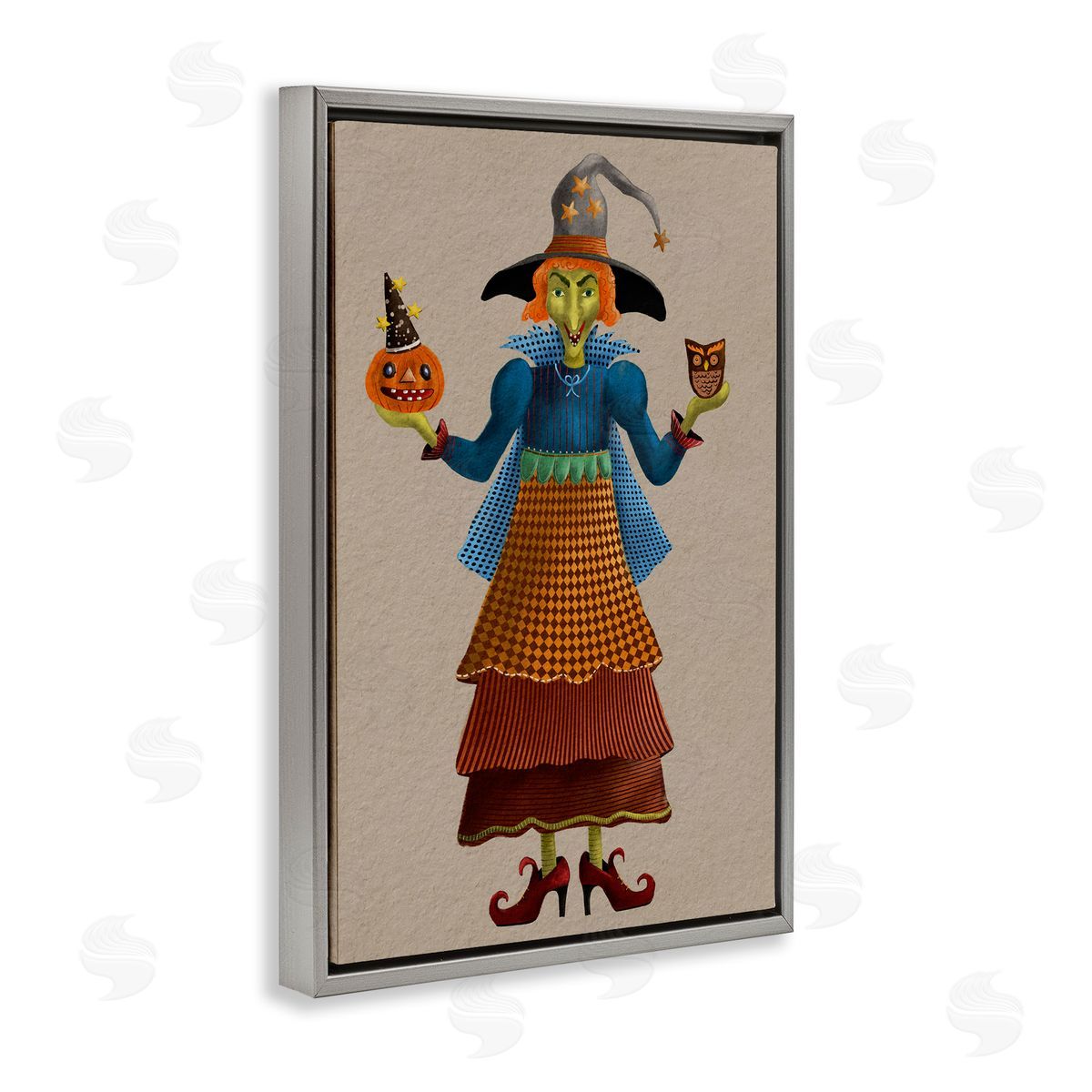 Halloween Witch in Plaid Grey Floating Frame Canvas Wall Art, Home Decor by Regina Moore
