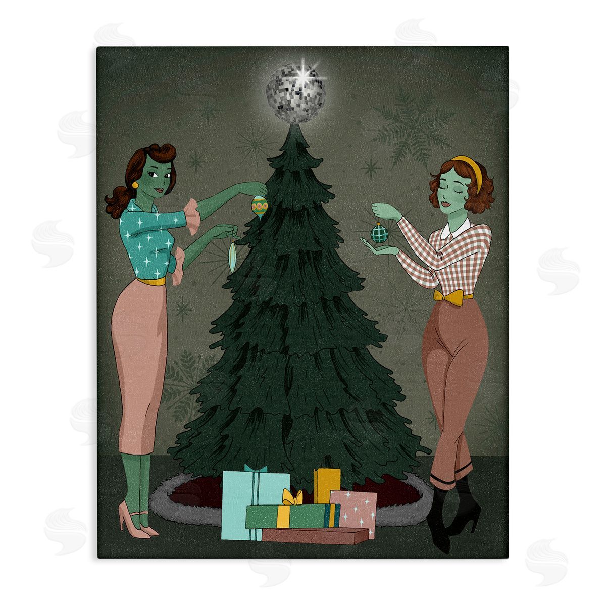Girls and Christmas Tree Canvas Wall Art, Home Decor by Grace Popp