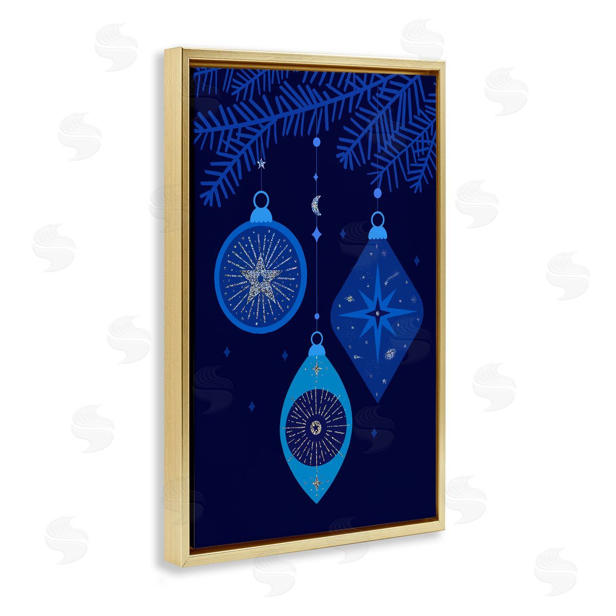 Blue Hanging Ornaments Gold Floating Frame Canvas Wall Art, Home Decor by Victoria Barnes