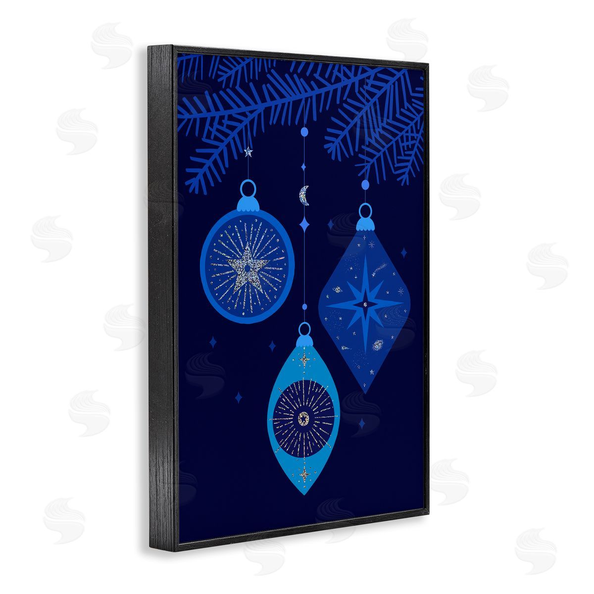 Blue Hanging Ornaments Black Frame Print Wall Art, Home Decor by Victoria Barnes