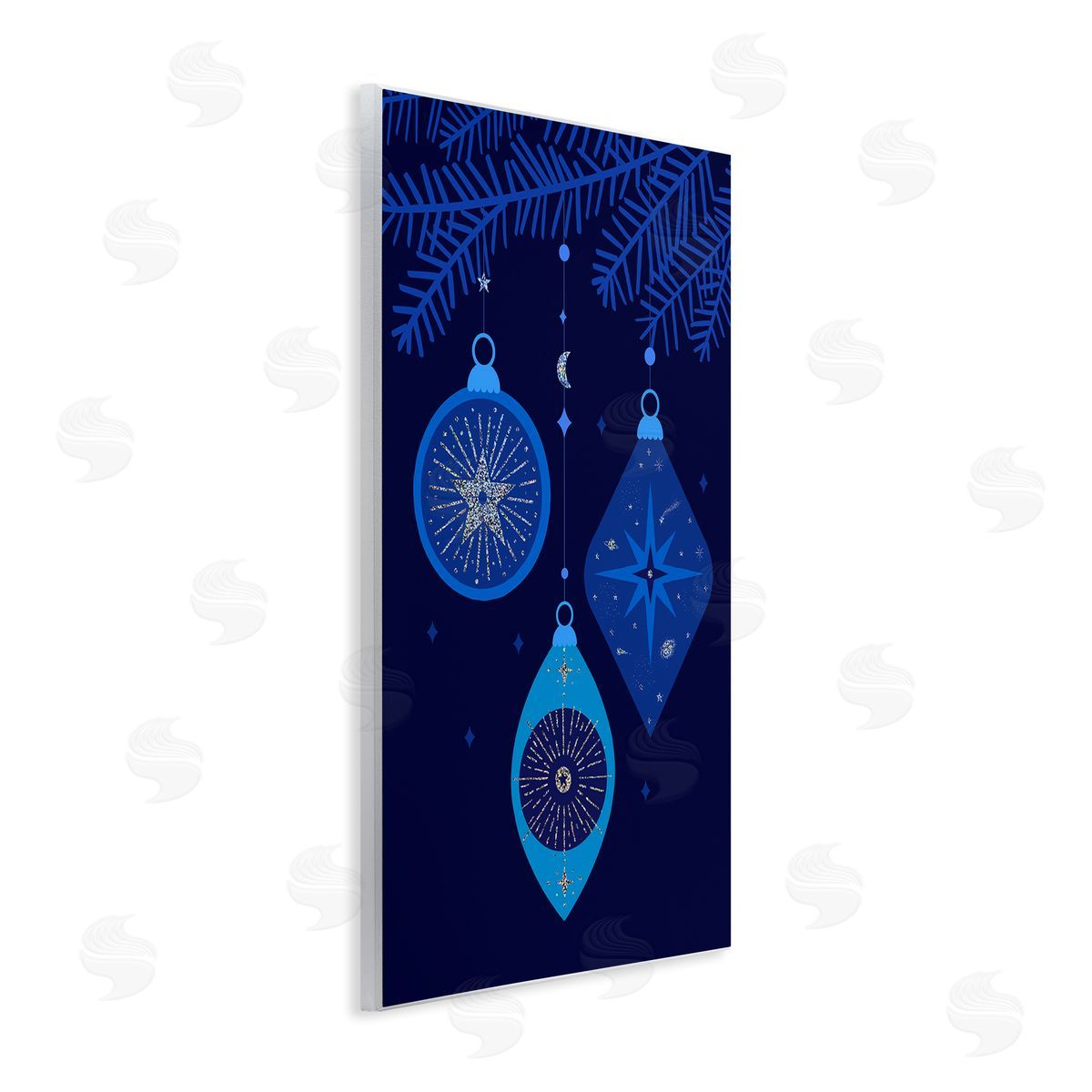 Blue Hanging Ornaments Wood Plaque Wall Art, Home Decor by Victoria Barnes