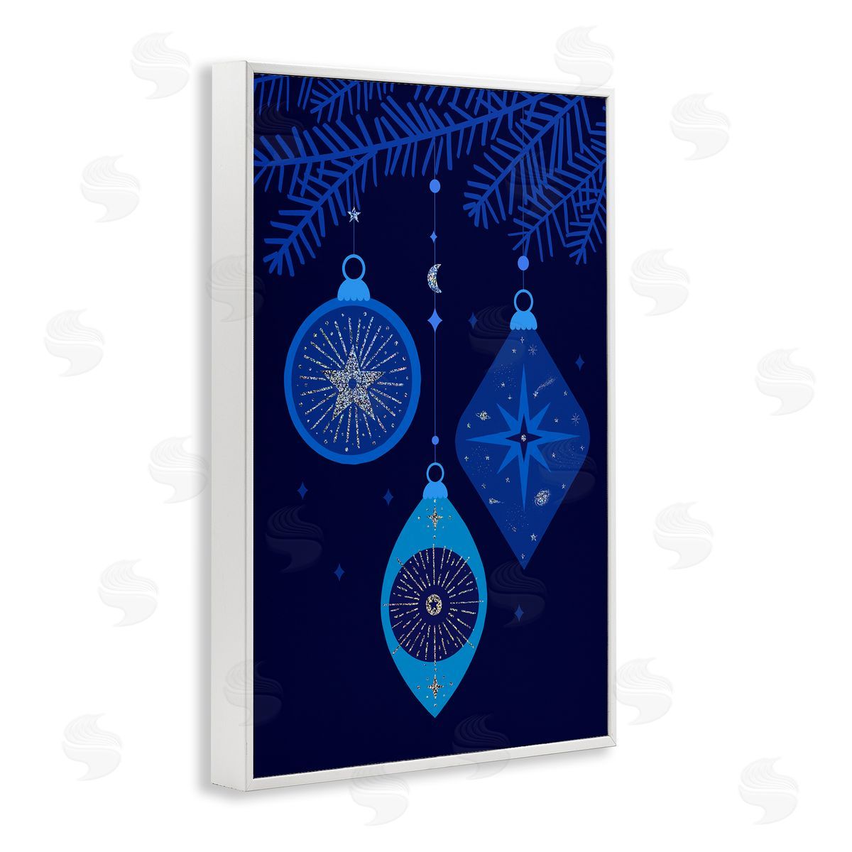 Blue Hanging Ornaments White Frame Print Wall Art, Home Decor by Victoria Barnes