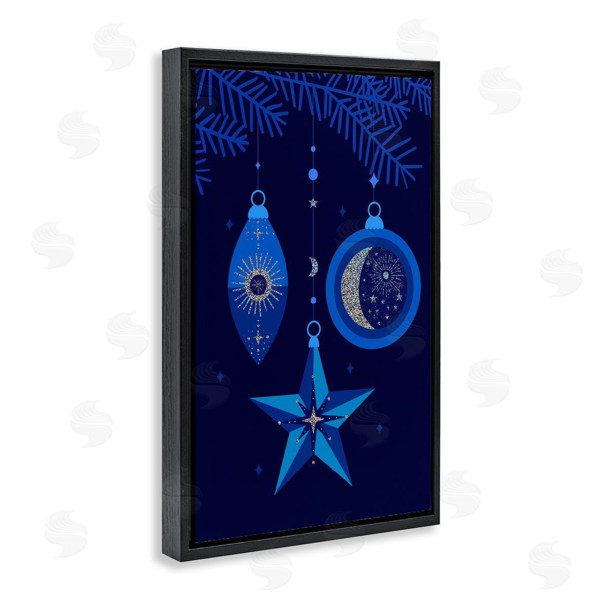Blue Holiday Ornaments Black Floating Frame Canvas Wall Art, Home Decor by Victoria Barnes