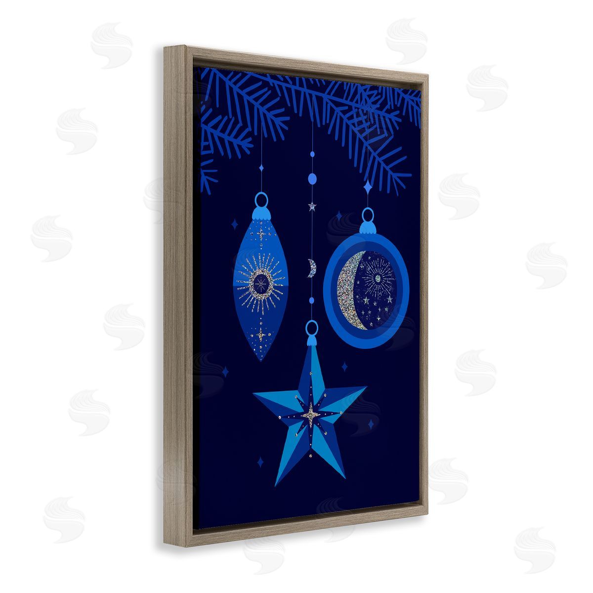 Blue Holiday Ornaments Brown Floating Frame Canvas Wall Art, Home Decor by Victoria Barnes