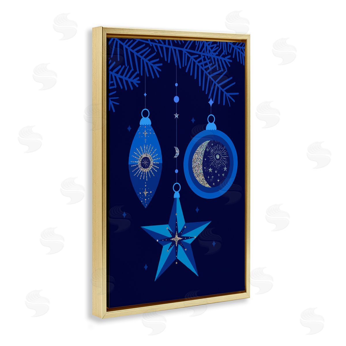 Blue Holiday Ornaments Gold Floating Frame Canvas Wall Art, Home Decor by Victoria Barnes