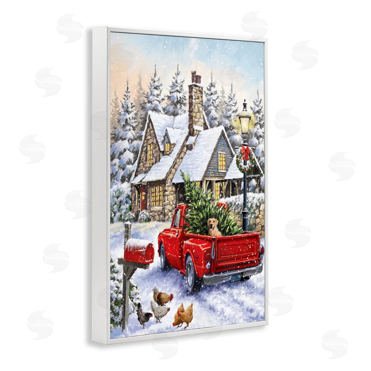 Rustic Holiday Scene White Frame Print Wall Art, Home Decor by Ian Saxton