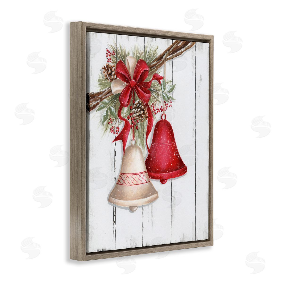 Rustic Winter Bells Brown Floating Frame Canvas Wall Art, Home Decor by Emma Leach
