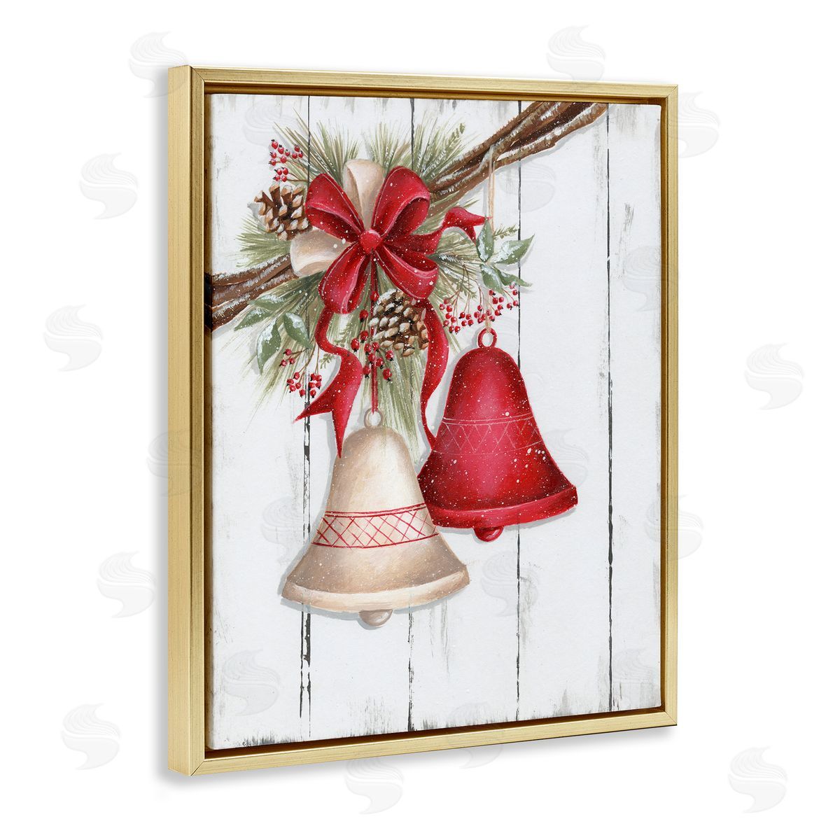 Rustic Winter Bells Gold Floating Frame Canvas Wall Art, Home Decor by Emma Leach