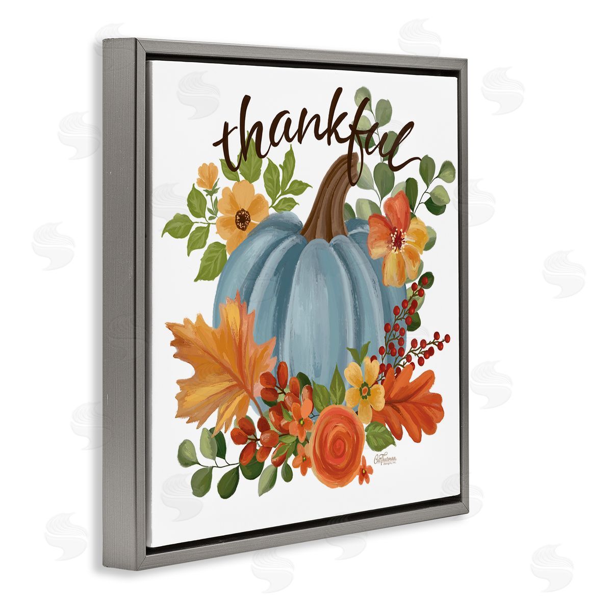 Autumnal Thankful Pumpkin Grey Floating Frame Canvas Wall Art, Home Decor by Cat Thurman Designs