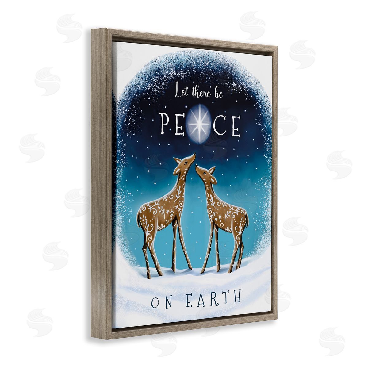 Peace On Earth Reindeer Brown Floating Frame Canvas Wall Art, Home Decor by Elizabeth Tyndall