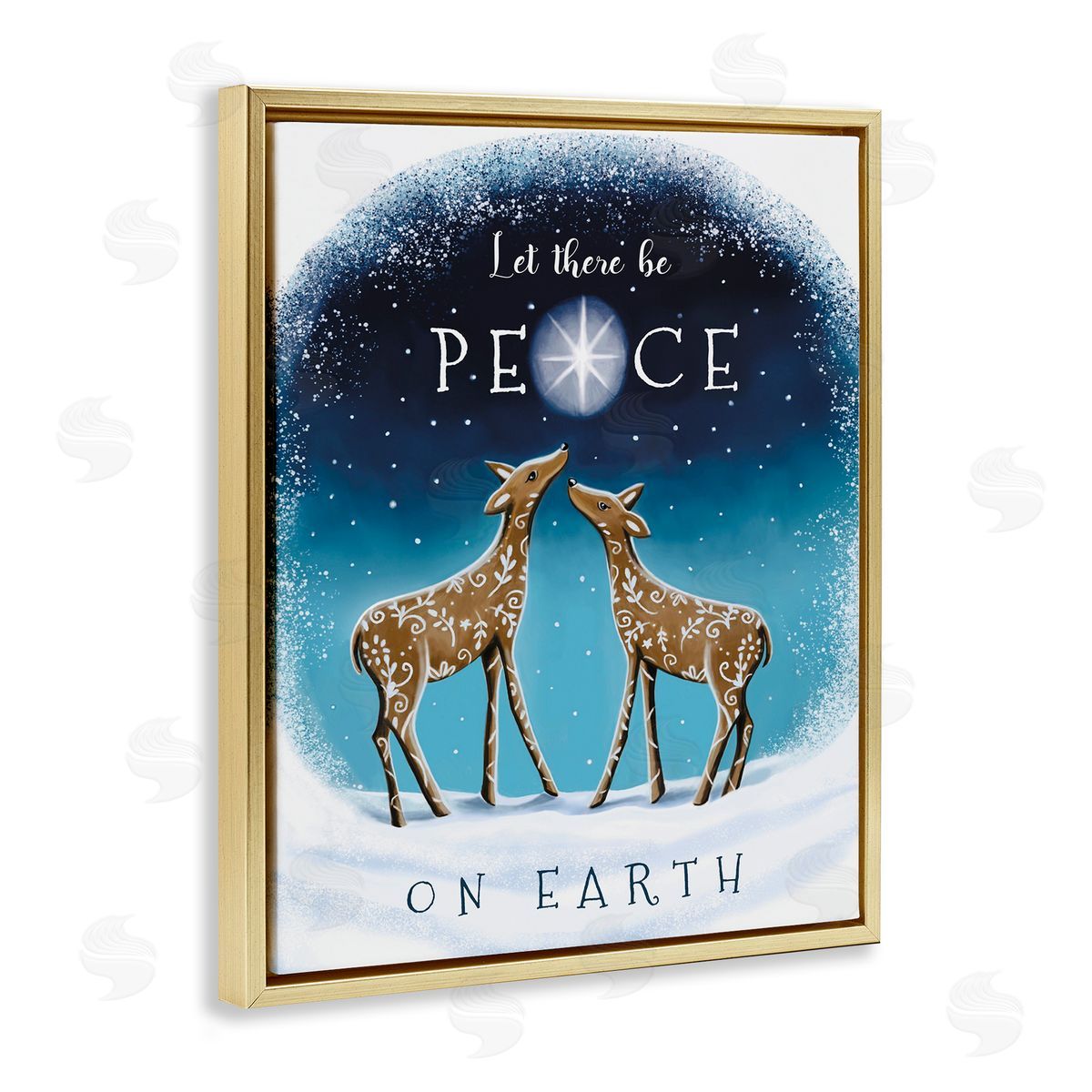Peace On Earth Reindeer Gold Floating Frame Canvas Wall Art, Home Decor by Elizabeth Tyndall
