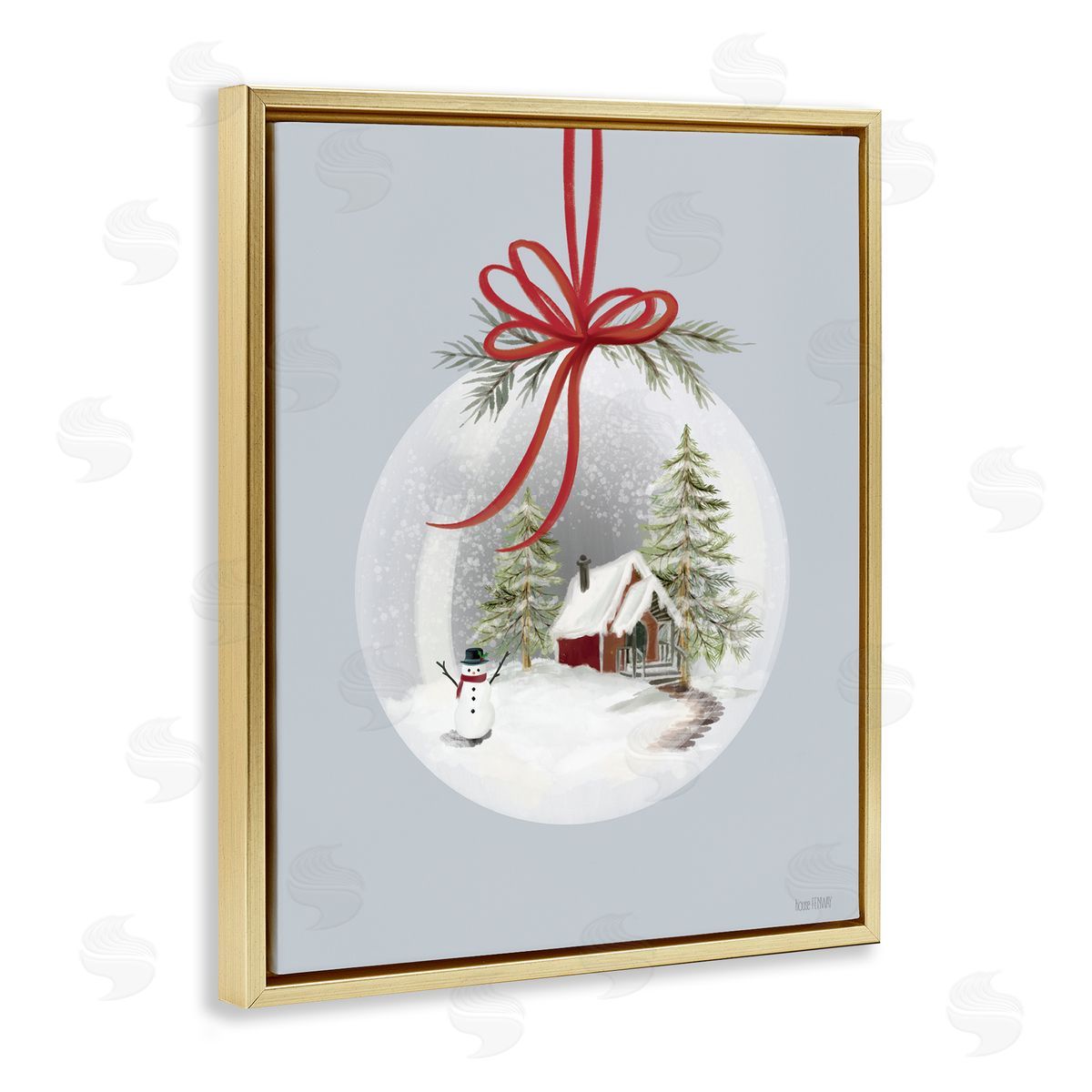 Cottage Scene Snowglobe Gold Floating Frame Canvas Wall Art, Home Decor by House Fenway