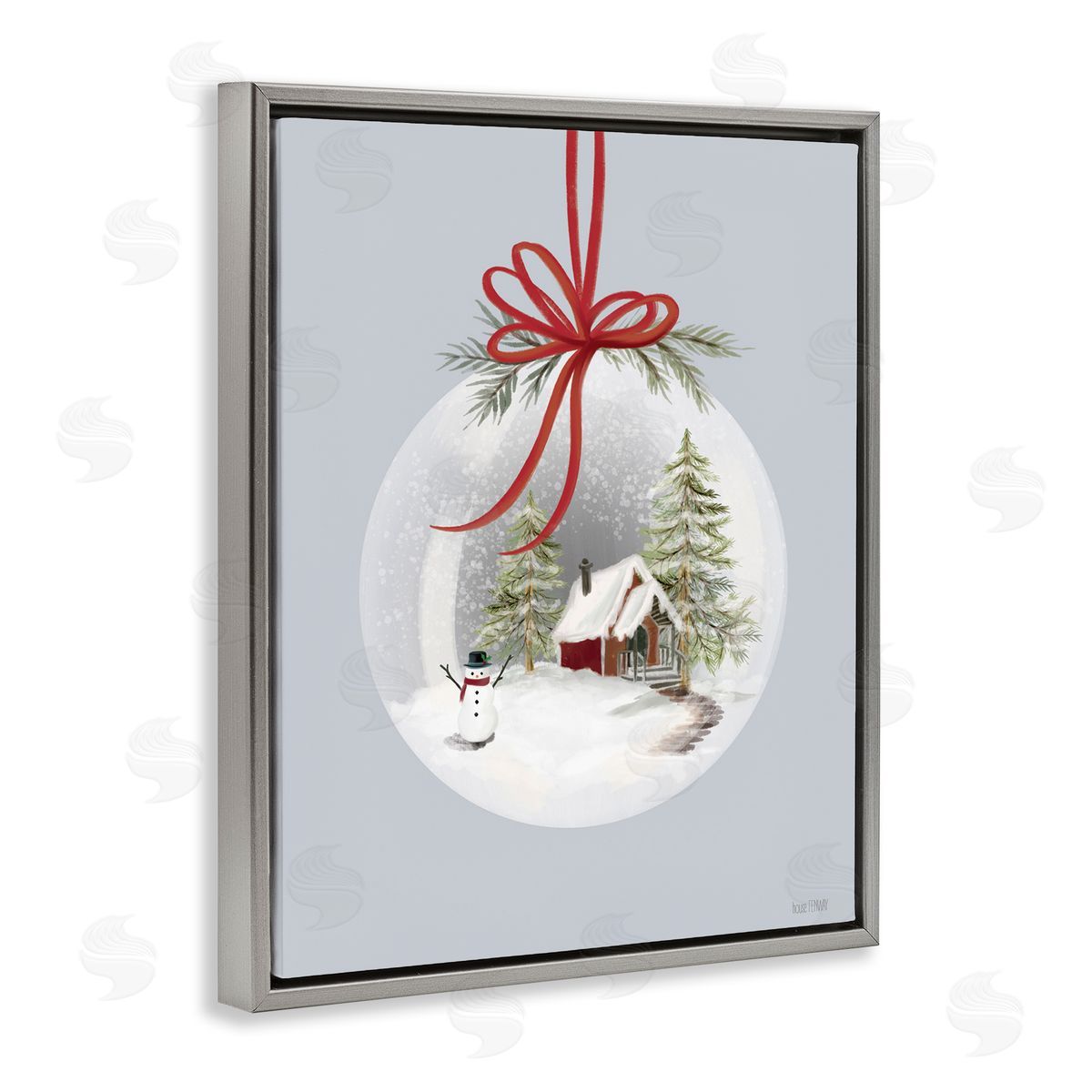 Cottage Scene Snowglobe Grey Floating Frame Canvas Wall Art, Home Decor by House Fenway