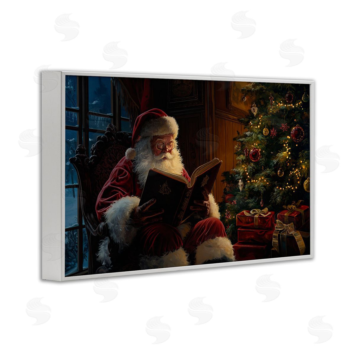 Santa Reading by Tree White Frame Print Wall Art, Home Decor by Imagine It Images
