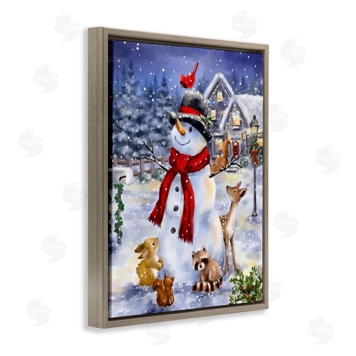 Snowman and Forest Animals Brown Floating Frame Canvas Wall Art, Home Decor by Jean Francois