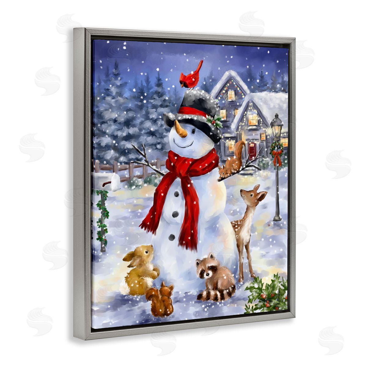 Snowman and Forest Animals Grey Floating Frame Canvas Wall Art, Home Decor by Jean Francois