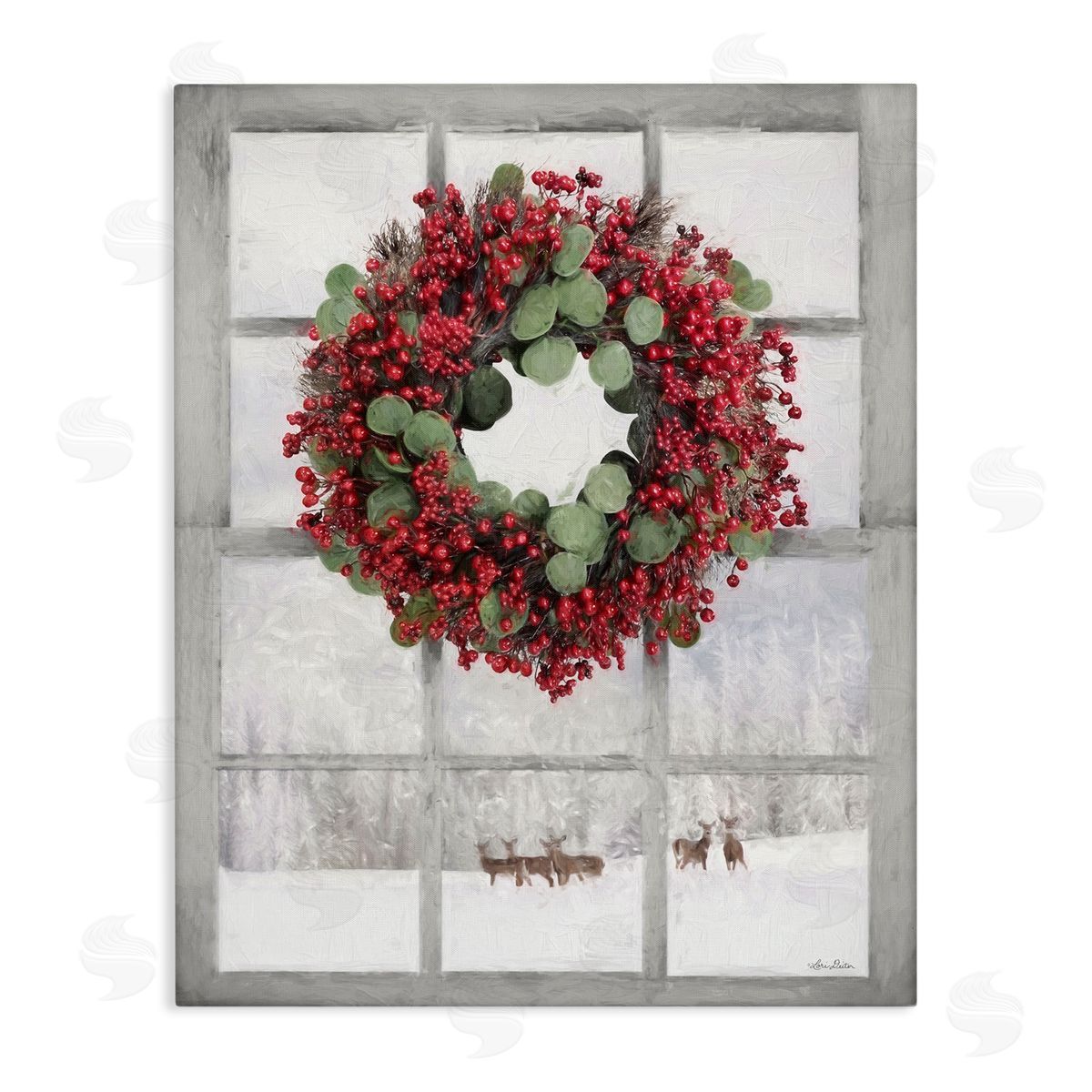 Holly Wreath and Reindeer Canvas Wall Art, Home Decor by Lori Deiter
