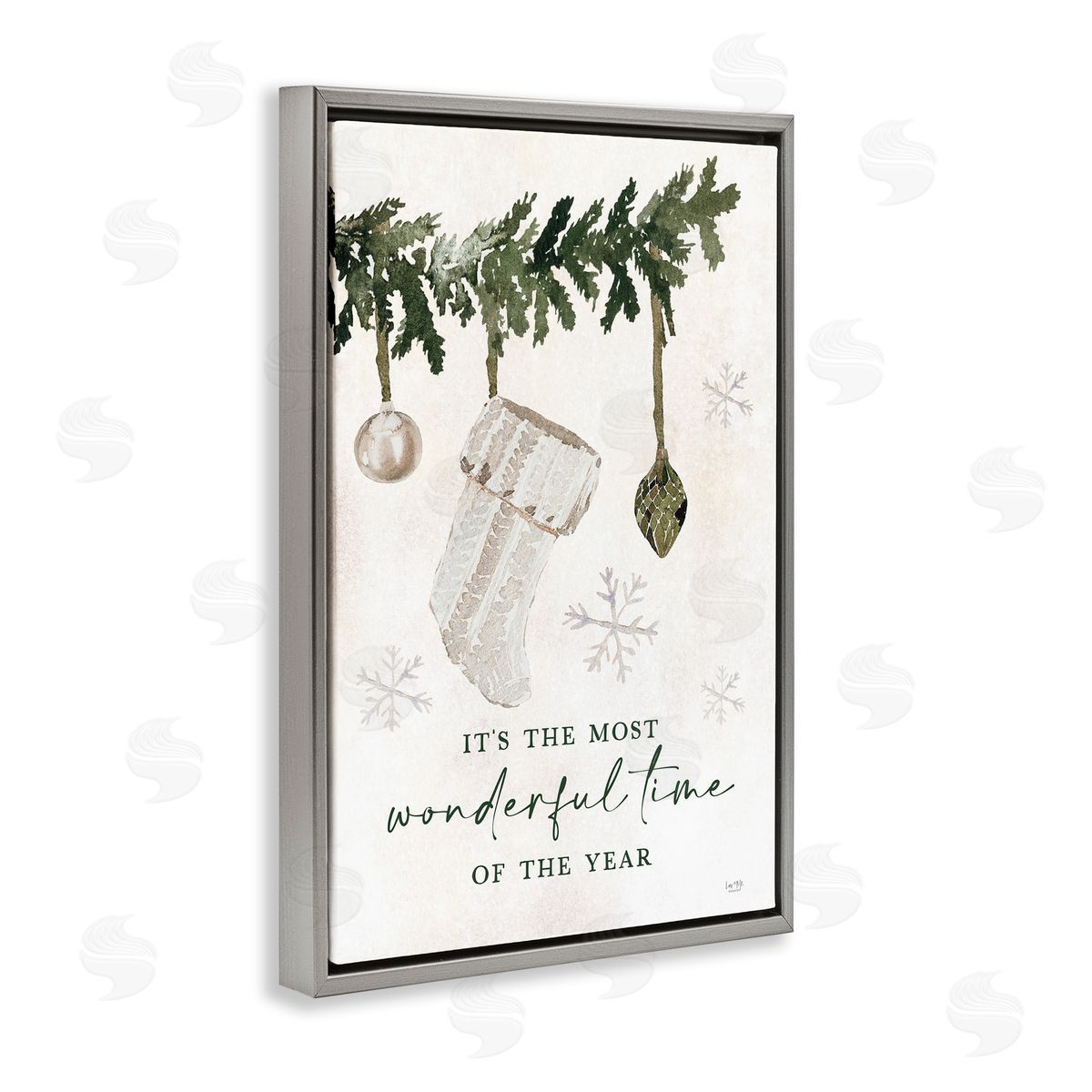 Festive Hanging Stocking Grey Floating Frame Canvas Wall Art, Home Decor by Lux + Me Designs