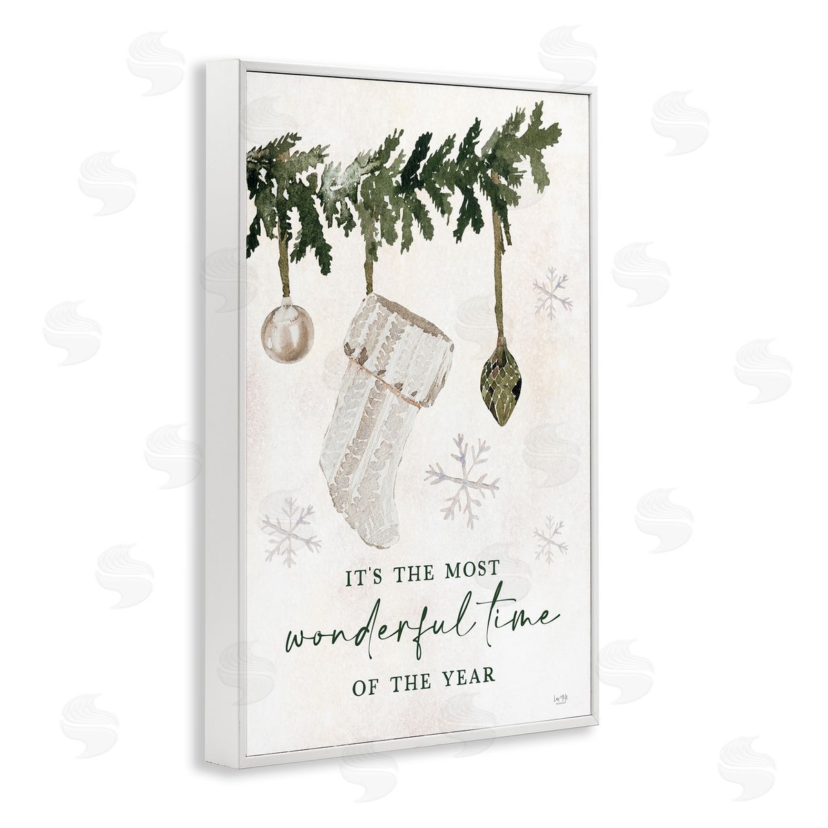 Festive Hanging Stocking White Frame Print Wall Art, Home Decor by Lux + Me Designs