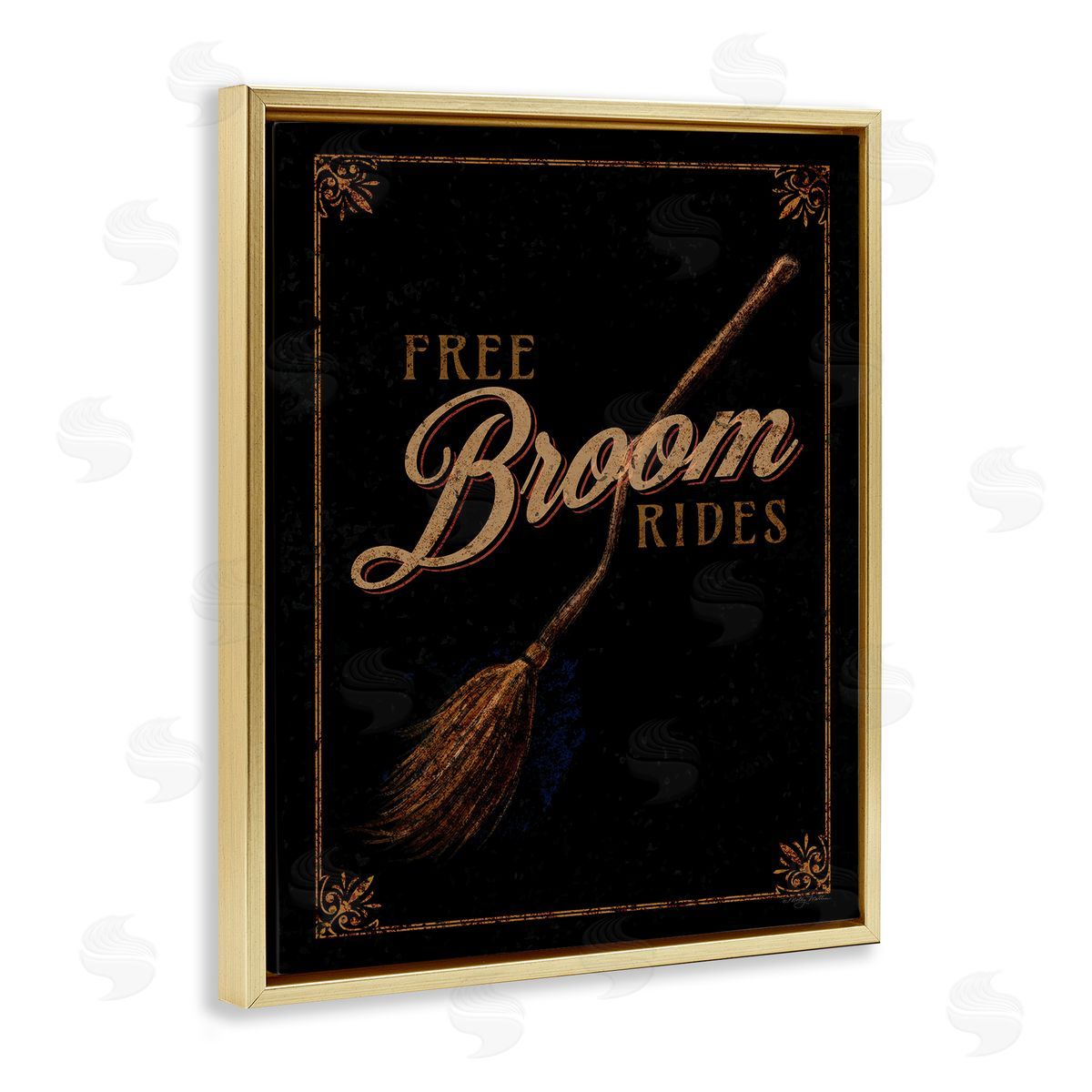 Rustic Free Broom Rides Gold Floating Frame Canvas Wall Art, Home Decor by Molly Mattin