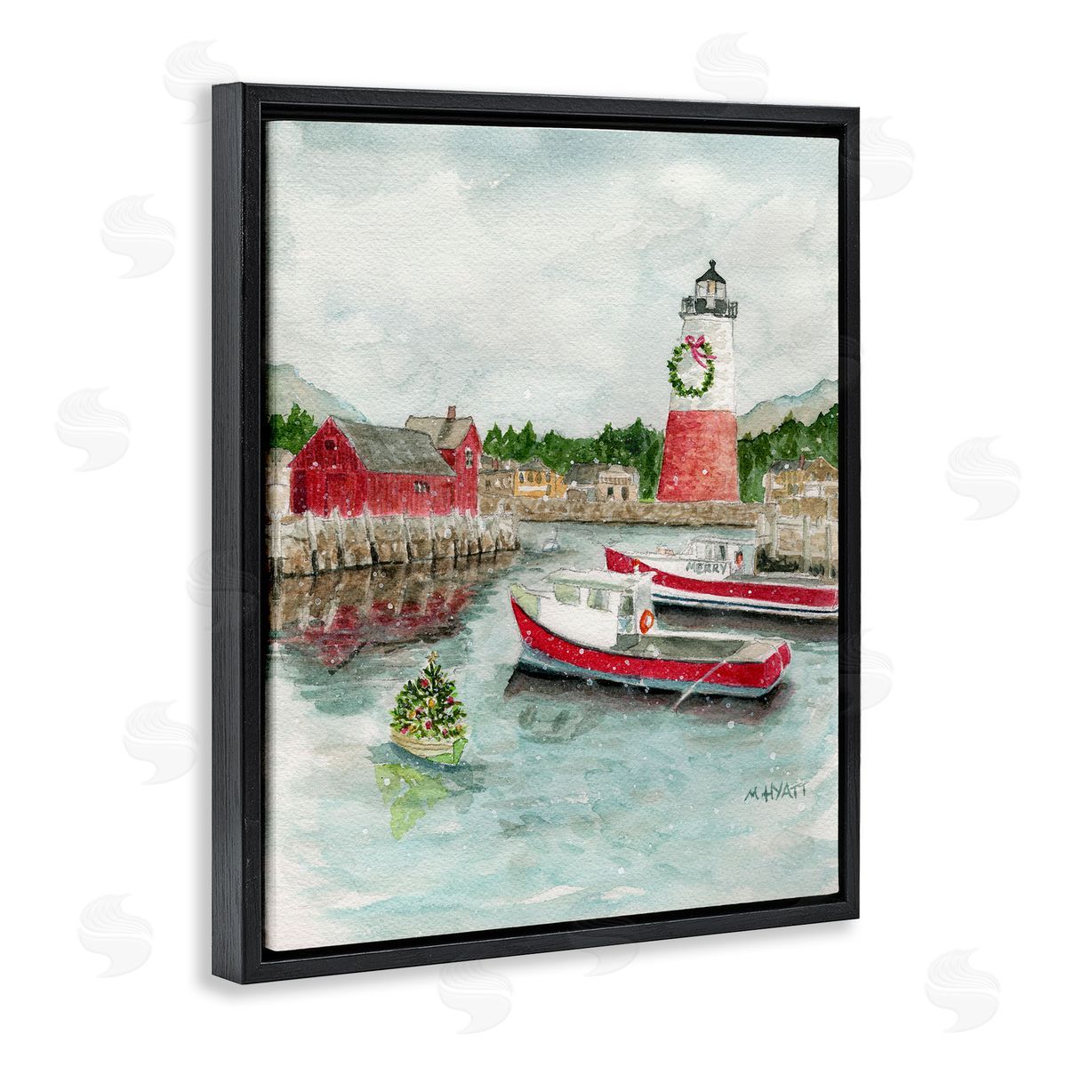 Coastal Christmas Harbour Black Floating Frame Canvas Wall Art, Home Decor by Melissa Hyatt