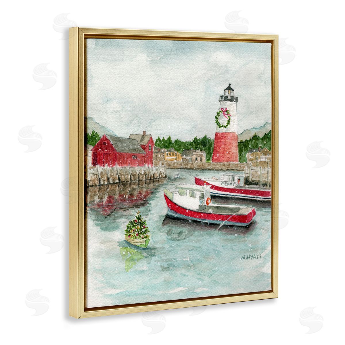 Coastal Christmas Harbour Gold Floating Frame Canvas Wall Art, Home Decor by Melissa Hyatt