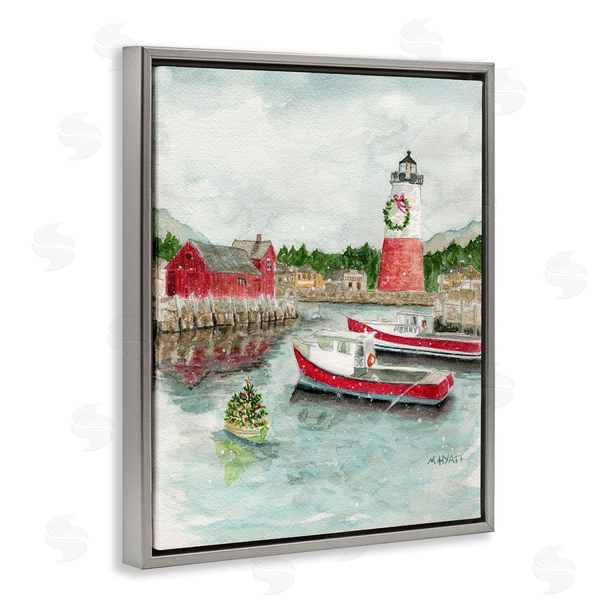 Coastal Christmas Harbour Grey Floating Frame Canvas Wall Art, Home Decor by Melissa Hyatt