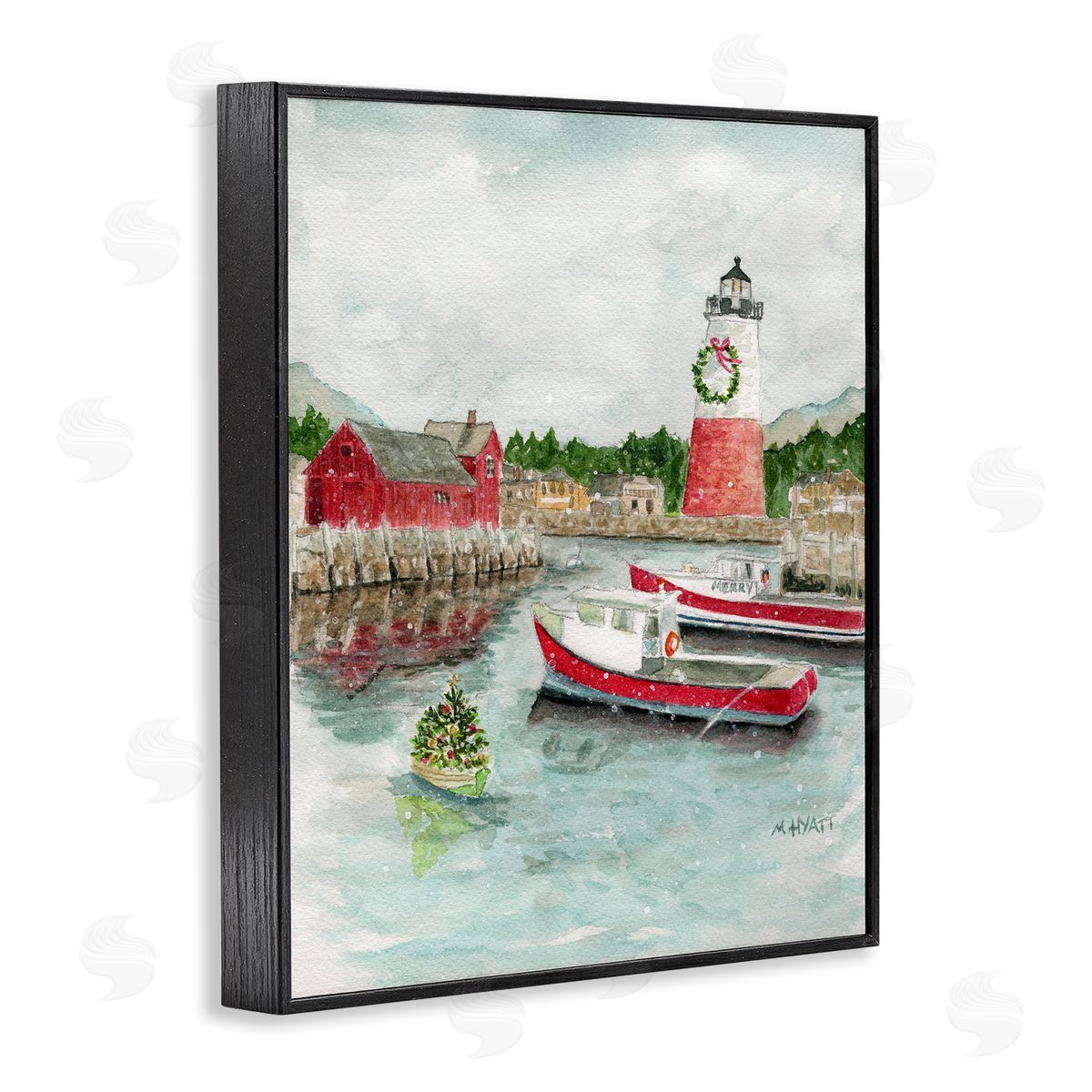 Coastal Christmas Harbour Black Frame Print Wall Art, Home Decor by Melissa Hyatt