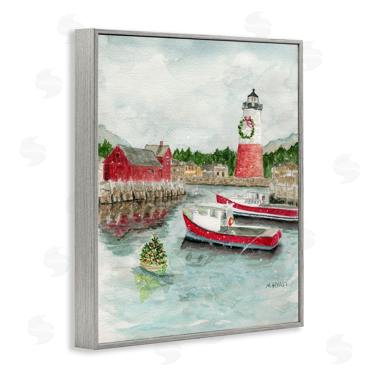 Coastal Christmas Harbour Grey Frame Print Wall Art, Home Decor by Melissa Hyatt