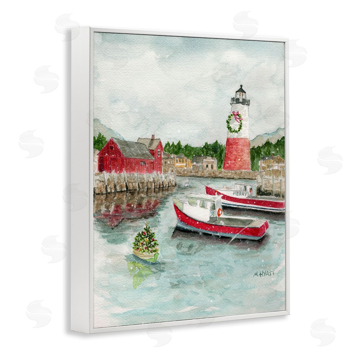 Coastal Christmas Harbour White Frame Print Wall Art, Home Decor by Melissa Hyatt
