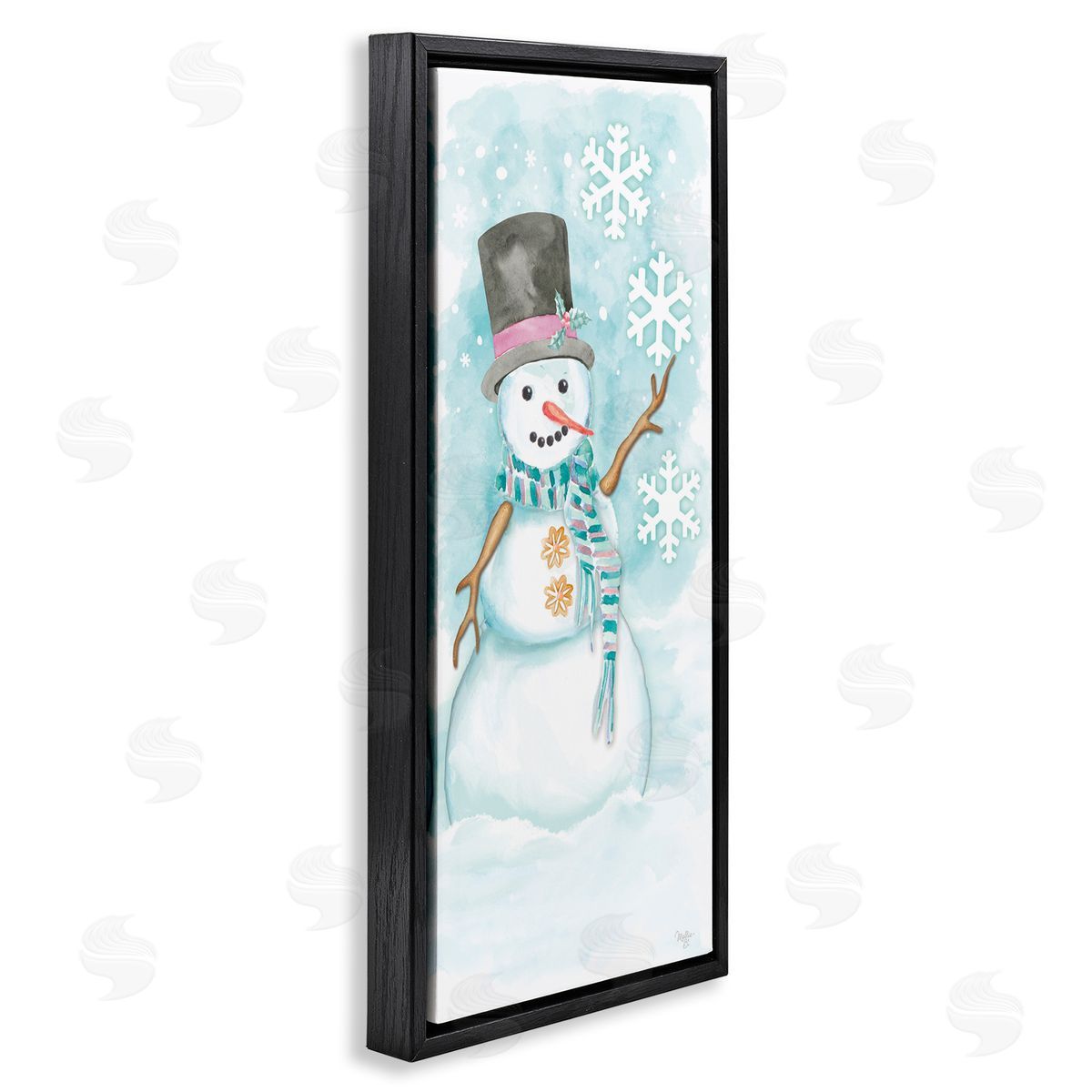 Waving Snowman Greeting Black Floating Frame Canvas Wall Art, Home Decor by Mollie B.