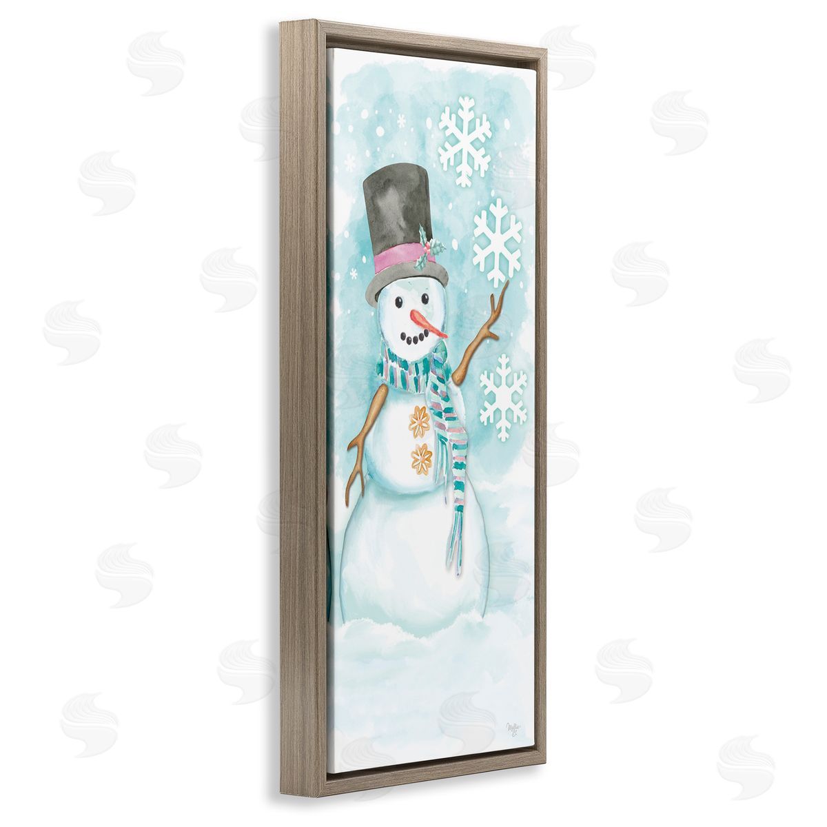 Waving Snowman Greeting Brown Floating Frame Canvas Wall Art, Home Decor by Mollie B.